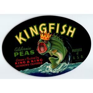 Kingfish Peas Label Fish Wears Crown Anthropomorphic Vintage 1940s Original